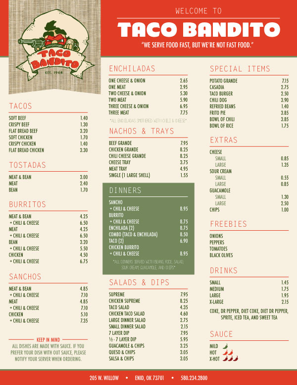 Taco Bandito Menu - Enid